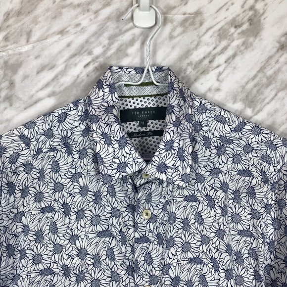 Ted Baker London Men's Dress Shirt Button Modern Fit Floral Blue White Size 15 - Picture 3 of 7